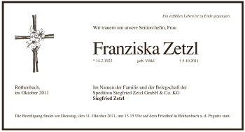 Traueranzeige von Fransiska Zetzl von Pegnitz-Zeitung